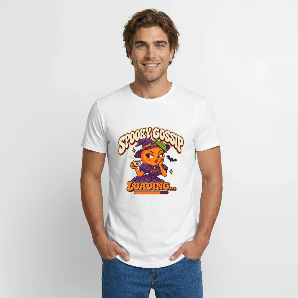 Long Fit Men's T-Shirt featuring Spooky Gossip Loading – Funny Halloween Orange