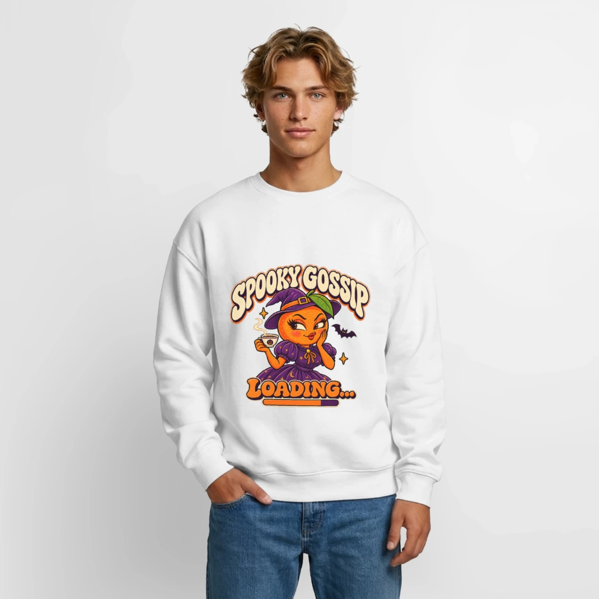 Oversized Heavyweight Unisex Sweatshirt featuring Spooky Gossip Loading – Funny Halloween Orange
