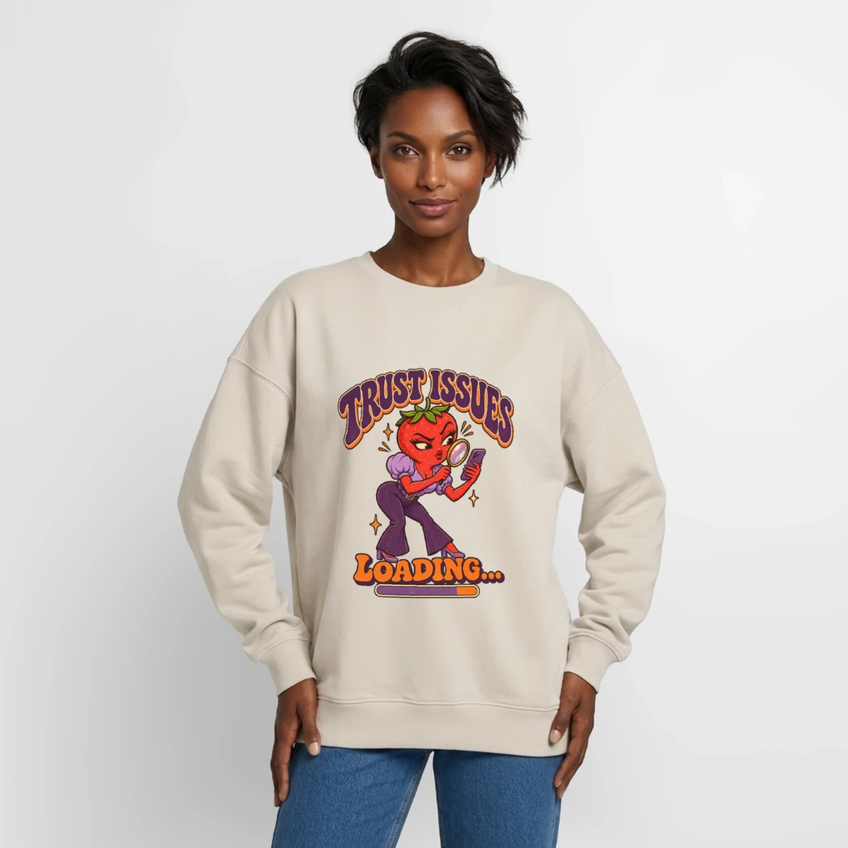 Oversized Heavyweight Unisex Sweatshirt featuring Trust Issues Loading – Funny Strawberry Retro Design