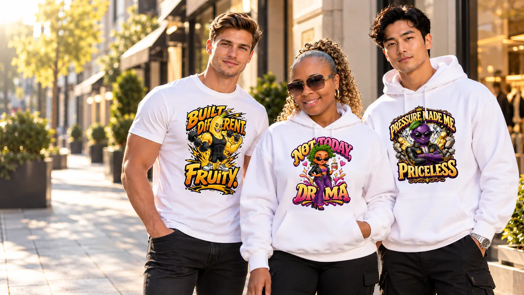 Three adult models wearing Julz Merch T-shirts and hoodies